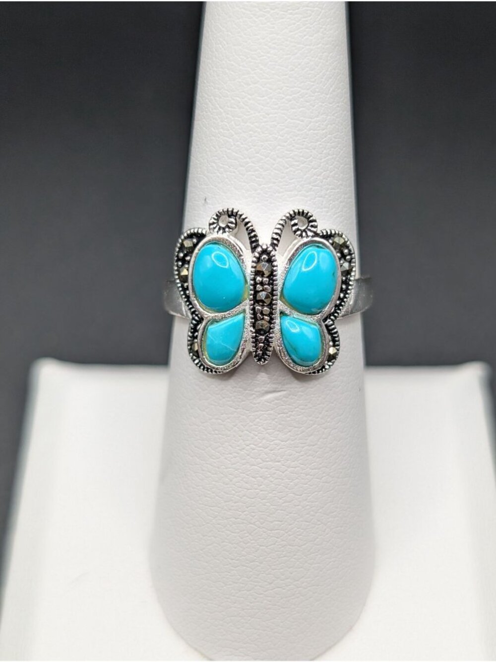 Sterling Silver Marked LA & Turquoise Butterfly Ring Size 7 Boho Cottage Fairy